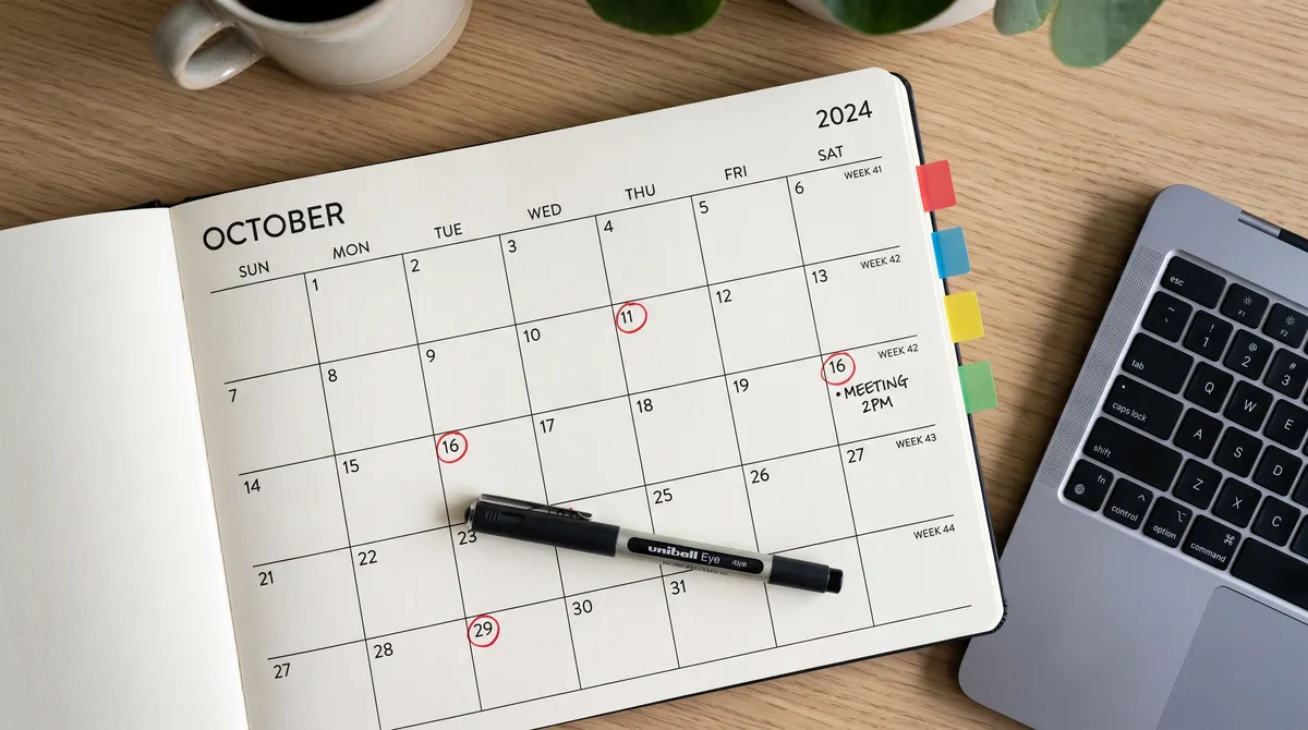 An open month planner with four dates circled in red, coloured index tabs along the edge, a pen resting across it and the corner of a laptop