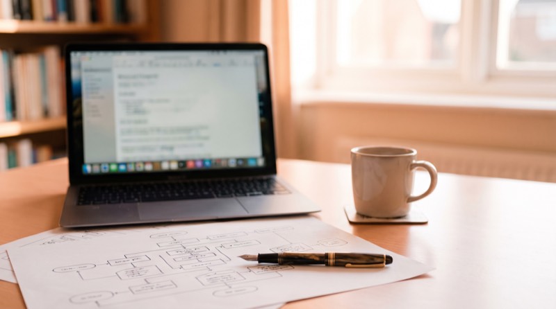 An open laptop beside a printed flowchart on paper, with a pen resting on it
