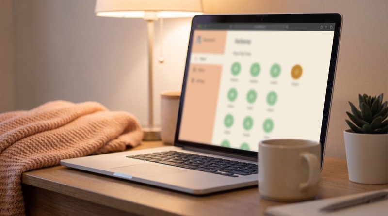 A laptop showing a compliance tracker, most rows ticked green and one amber