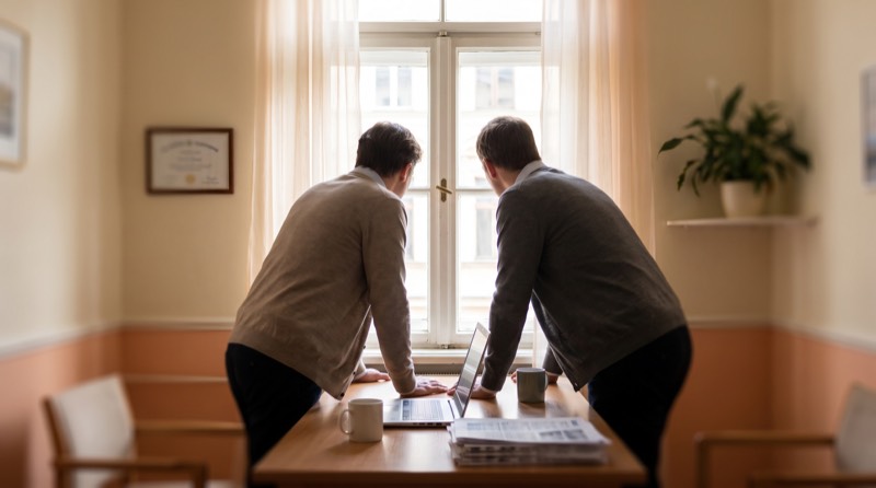 Two colleagues at a window-side desk with a laptop and printed notes