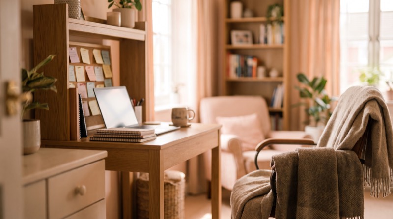 A standing desk with an open laptop, notebooks and a board of sticky notes