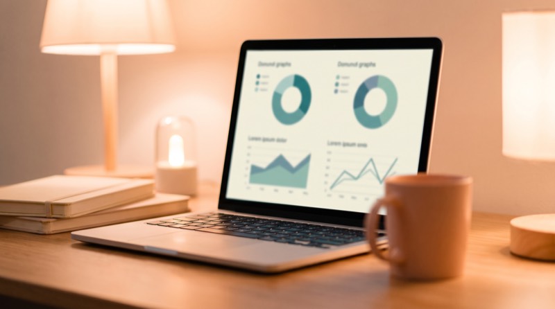 A laptop screen showing a workforce analytics view with donut and line charts