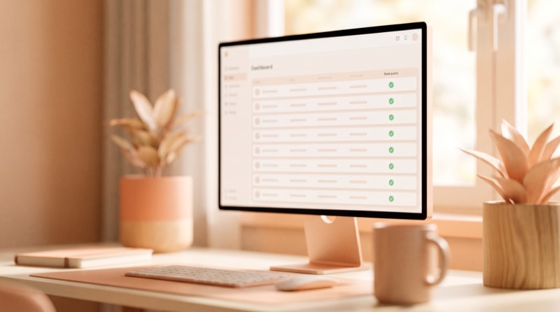 A monitor showing a tidy data table with green tick indicators beside each row