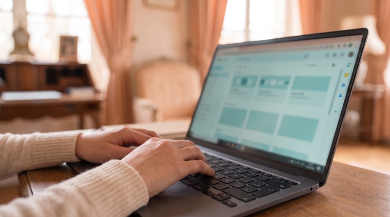 Hands resting on a laptop keyboard, the screen showing an HR interface