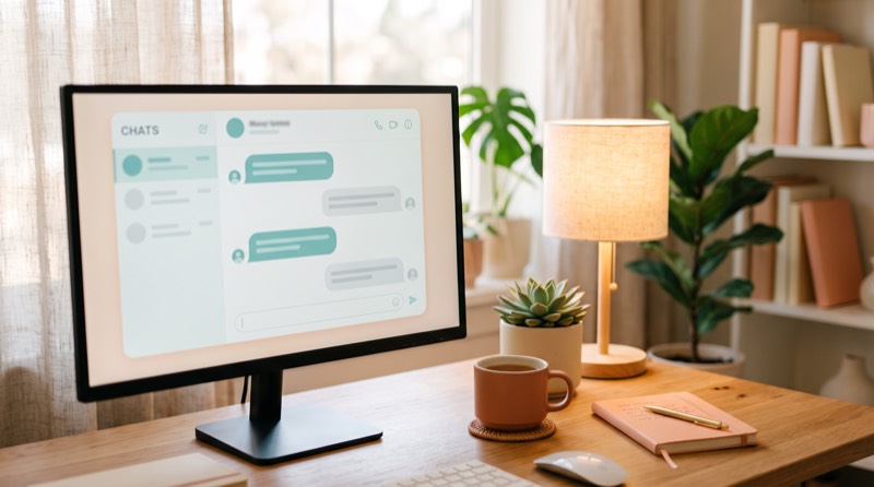 A monitor showing a chat interface with rounded message bubbles