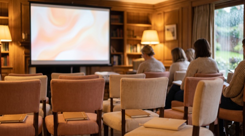Rows of chairs facing a presentation screen in a training room, notebooks on the seats