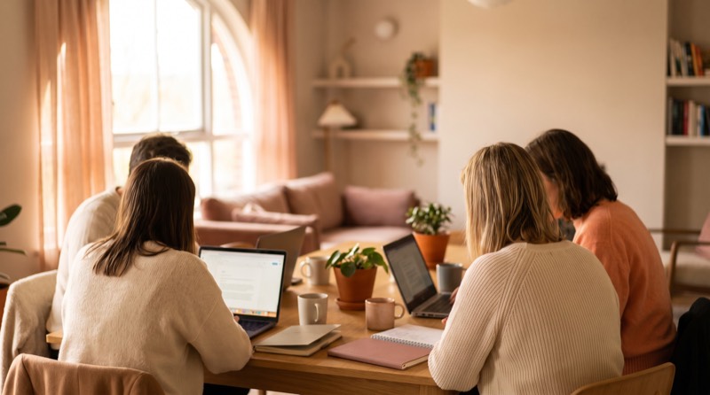A small team around a table with open laptops and notebooks in morning light