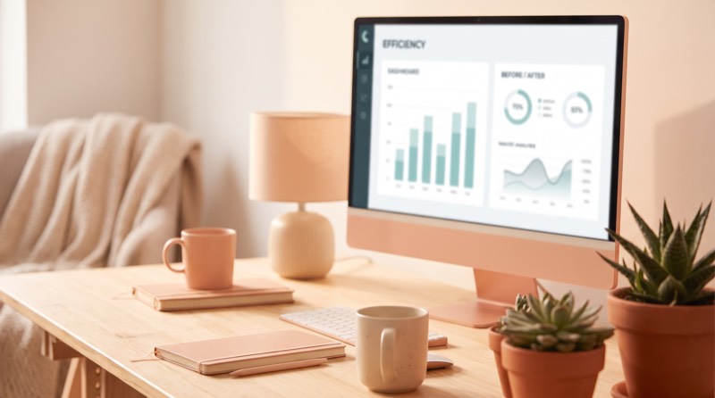 A monitor showing an efficiency dashboard with bar charts and a before-and-after comparison