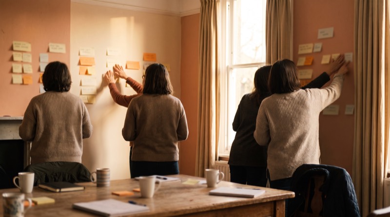 Colleagues arranging sticky notes into groups on a wall