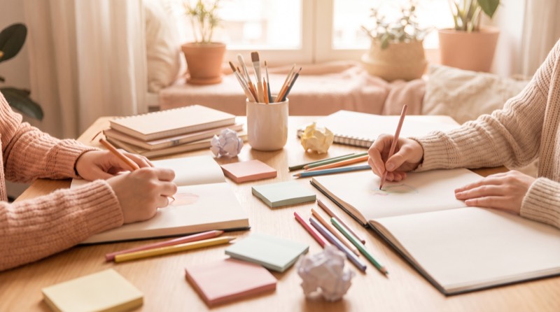 A table of sketchbooks and coloured pens with two pairs of hands mid-sketch