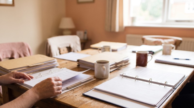 A meeting table spread with training records and folders, hands turning a page