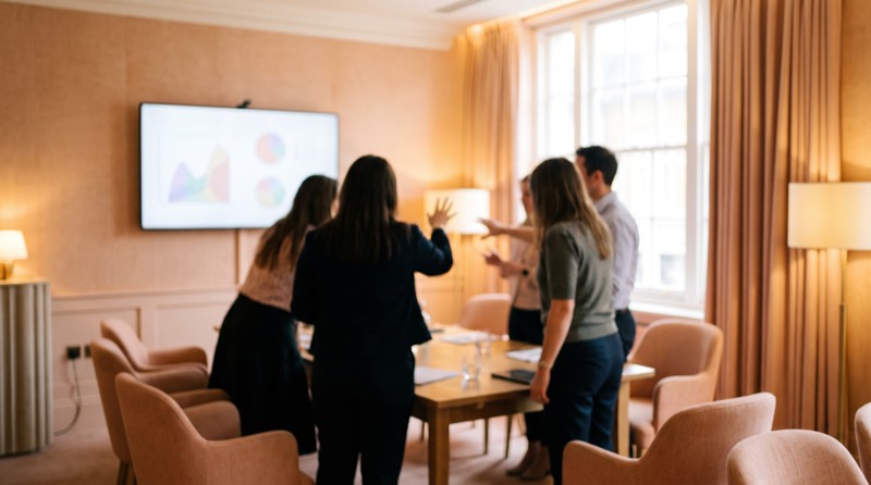 Colleagues gathered around a meeting table discussing charts on a wall-mounted screen