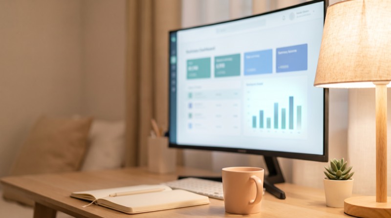 A monitor showing a business dashboard with summary cards and a bar chart