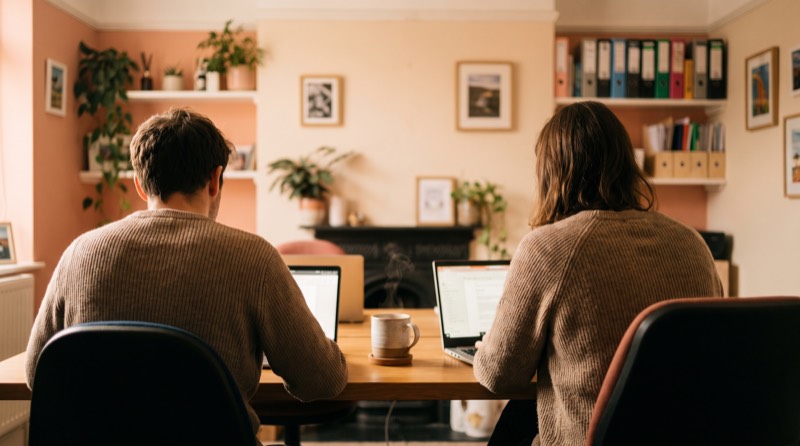 Two colleagues working side by side at a shared desk in a small office