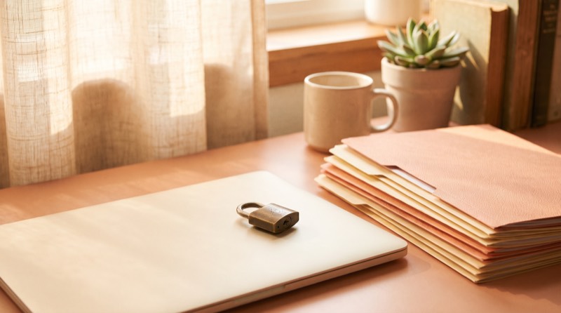 A small brass padlock resting on a closed laptop beside a stack of folders