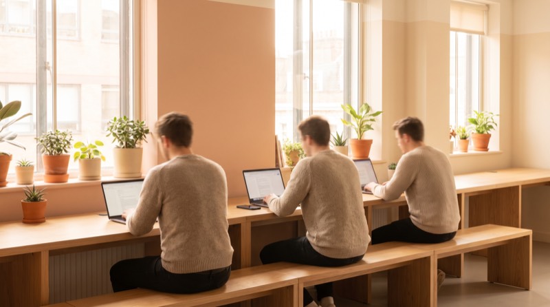 Young colleagues working at a shared bench desk with laptops and plants