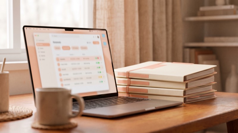 A laptop showing an audit and document list with status indicators, beside a stack of folders