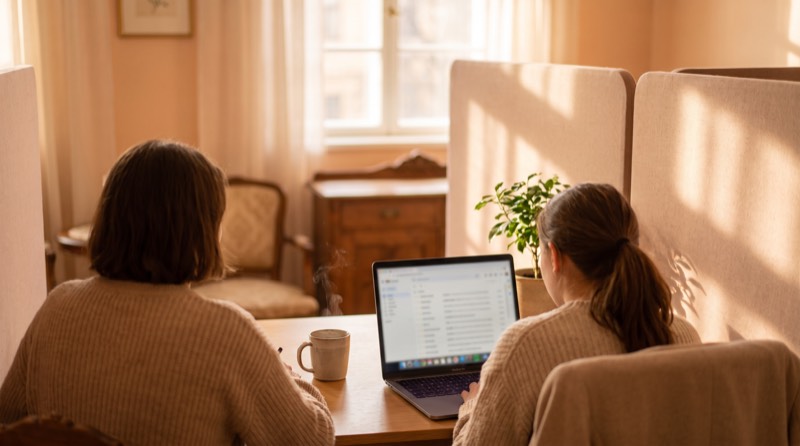 Two colleagues at a desk looking at a laptop showing an employee list