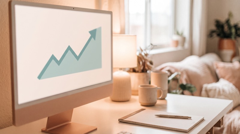 A monitor showing a simple upward-trending line chart beside a notepad