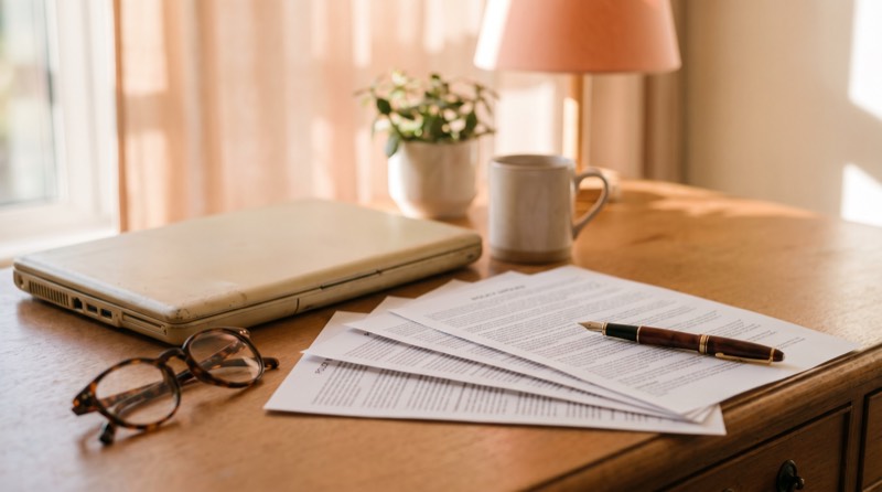 Printed policy documents fanned out beside a laptop and reading glasses